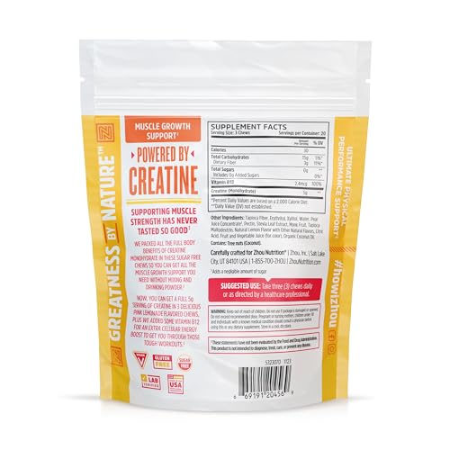 Zhou Nutrition Creatine Monohydrate Chewables 5g for Men & Women, Sugar Free Zhou Nutrition