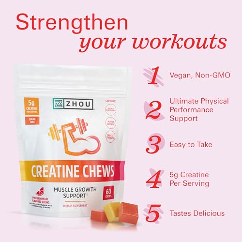 Zhou Nutrition Creatine Monohydrate Chewables 5g for Men & Women, Sugar Free Zhou Nutrition