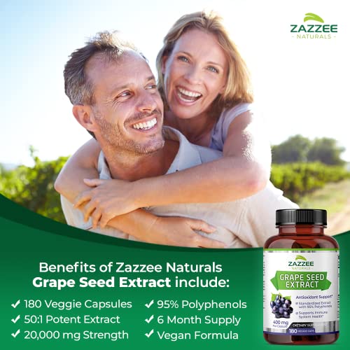 Zazzee High Strength Grape Seed 50:1 Extract, 20,000 mg Strength, 180 Vegan Capsules Zazzee