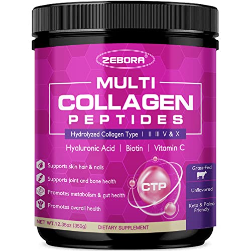 ZEBORA Multi Collagen Peptides Powder - Hydrolyzed Collagen Type I II III V X with Hyaluronic Acid