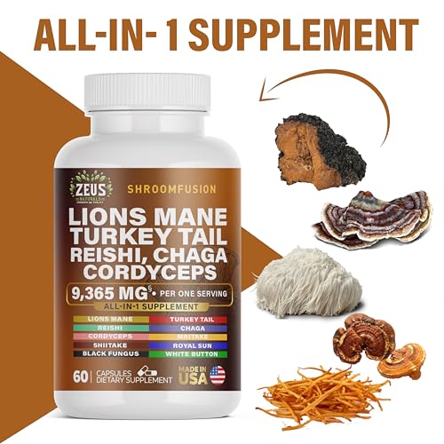 Zeus Naturals Lions Mane Capsules, Mushroom Supplement with Turkey Tail, Cordyceps Zeus Naturals