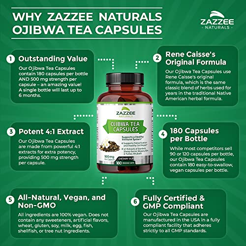 Zazzee Extra Strength Ojibwa Tea 500 mg, 180 Vegan Capsules, Rene Caisse's Original Zazzee