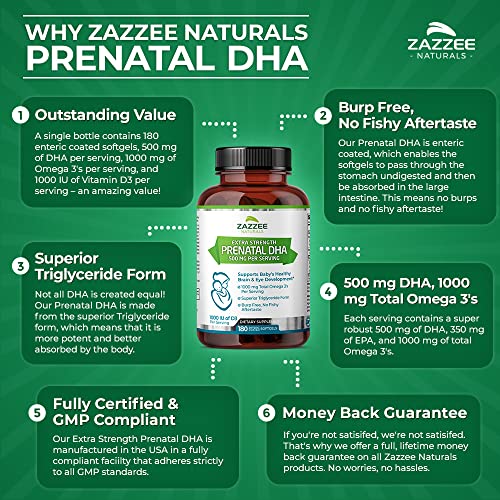 Zazzee Extra Strength Prenatal DHA 500 mg, 180 Enteric Coated Softgels, 1000 mg Omega 3’s Zazzee