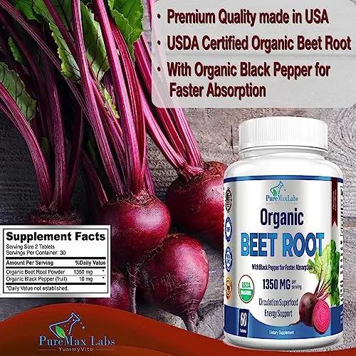 YUMMYVITE Organic Beet Root Powder Tablets - 1350mg with Black Pepper for Faster YUMMYVITE