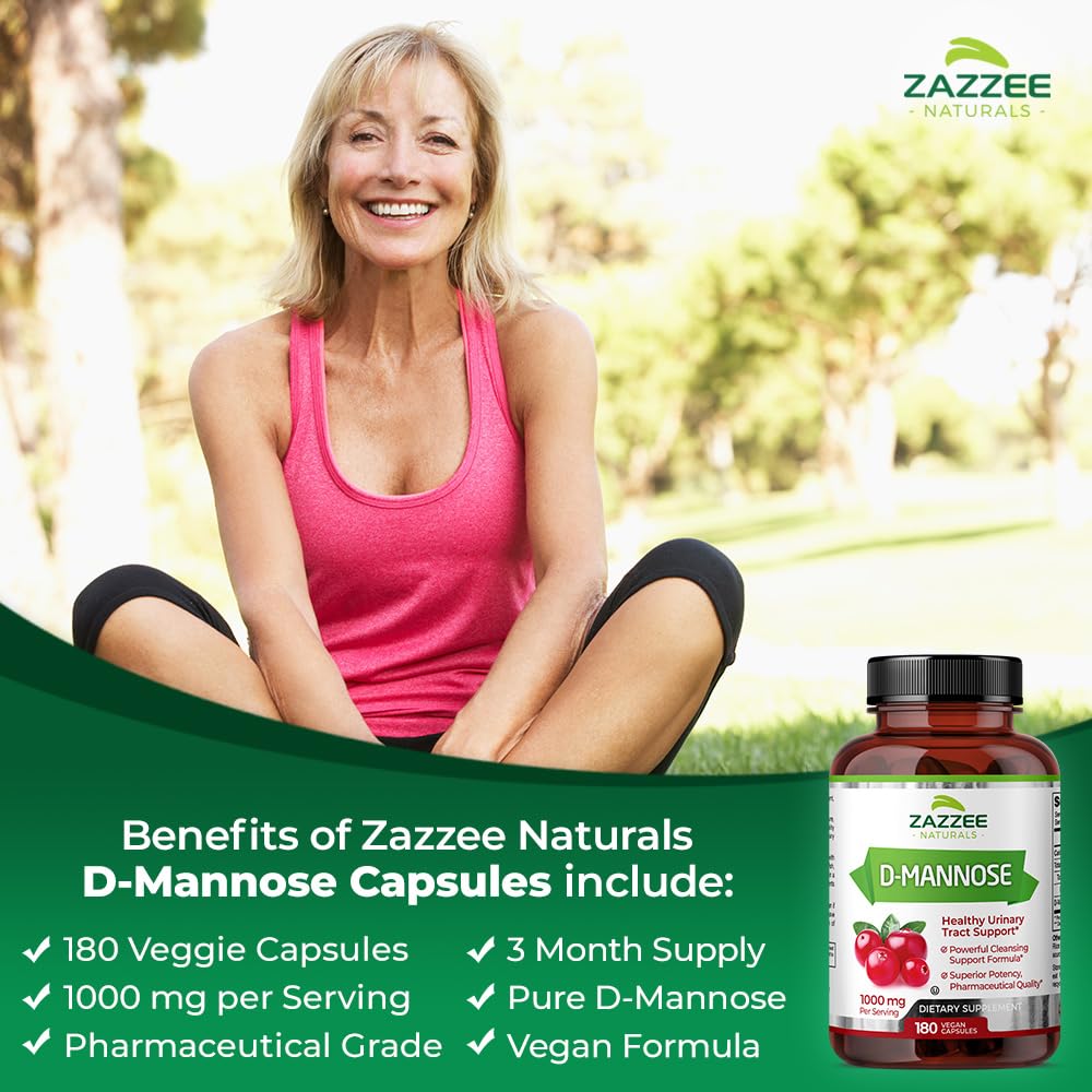 Zazzee D-Mannose, 1000 mg per Serving, 180 Vegan Capsules, 3 Month Supply, Potent Zazzee