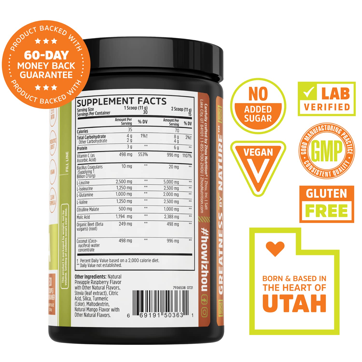 Zhou Nutrition Muscle BCAA Powder, Vegan Muscle Recovery, Natural, Clean Formula Zhou Nutrition