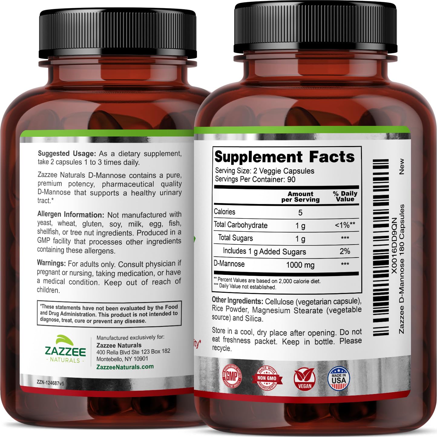 Zazzee D-Mannose, 1000 mg per Serving, 180 Vegan Capsules, 3 Month Supply, Potent Zazzee