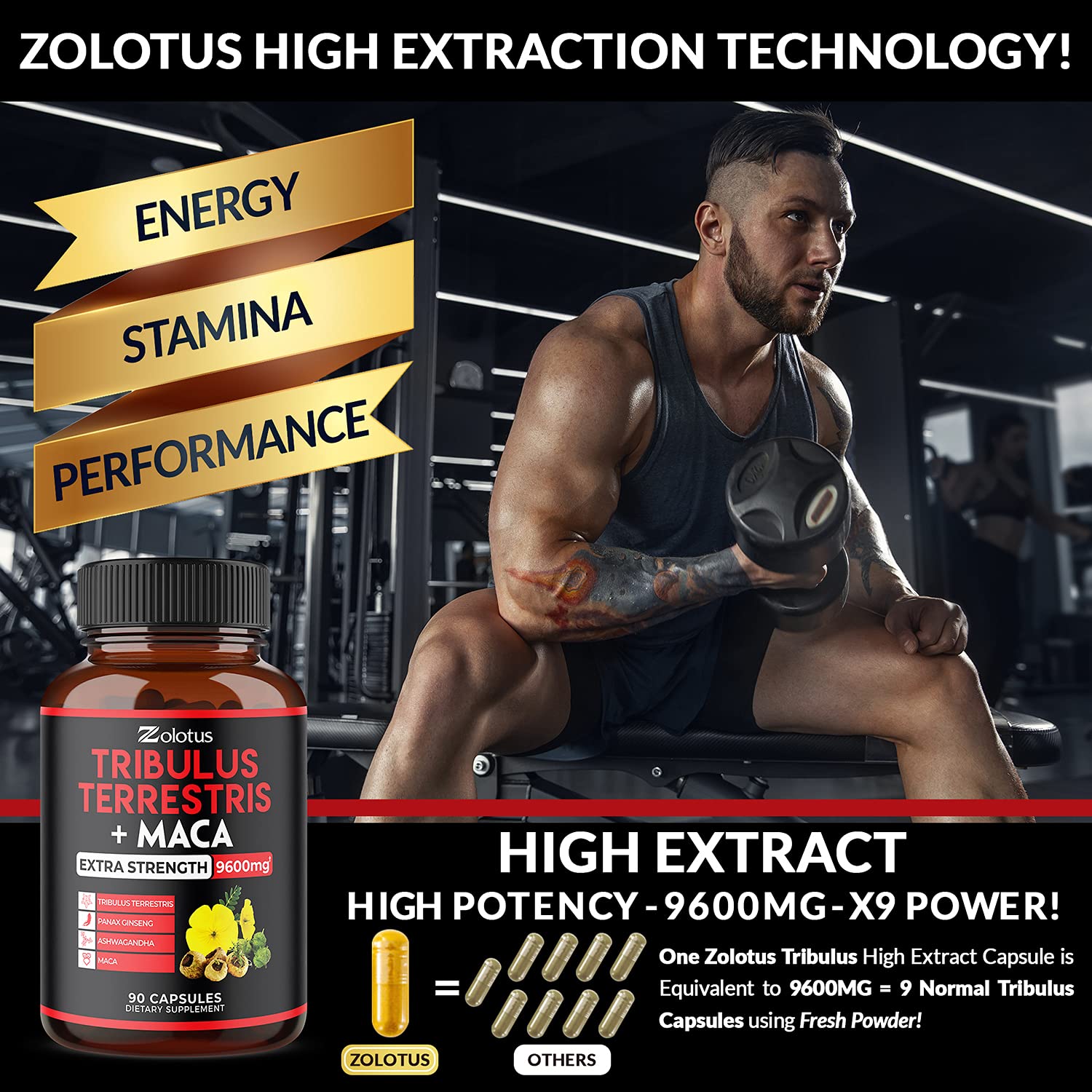 Zolotus Premium Tribulus Terrestris Capsules - 9600mg Per Serving - Combined Zolotus