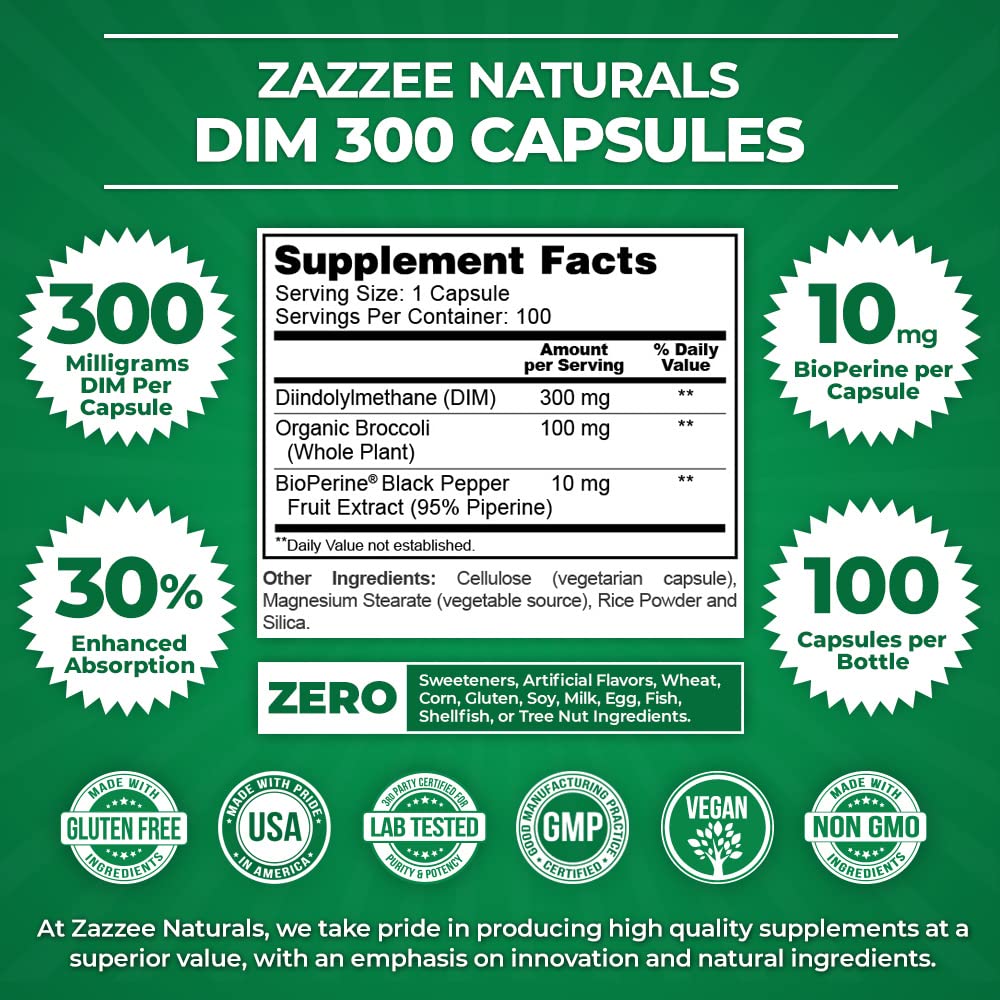 Zazzee Extra Strength DIM 300, 10 mg BioPerine and 300 mg DIM per Capsule, 100 Vegan Zazzee