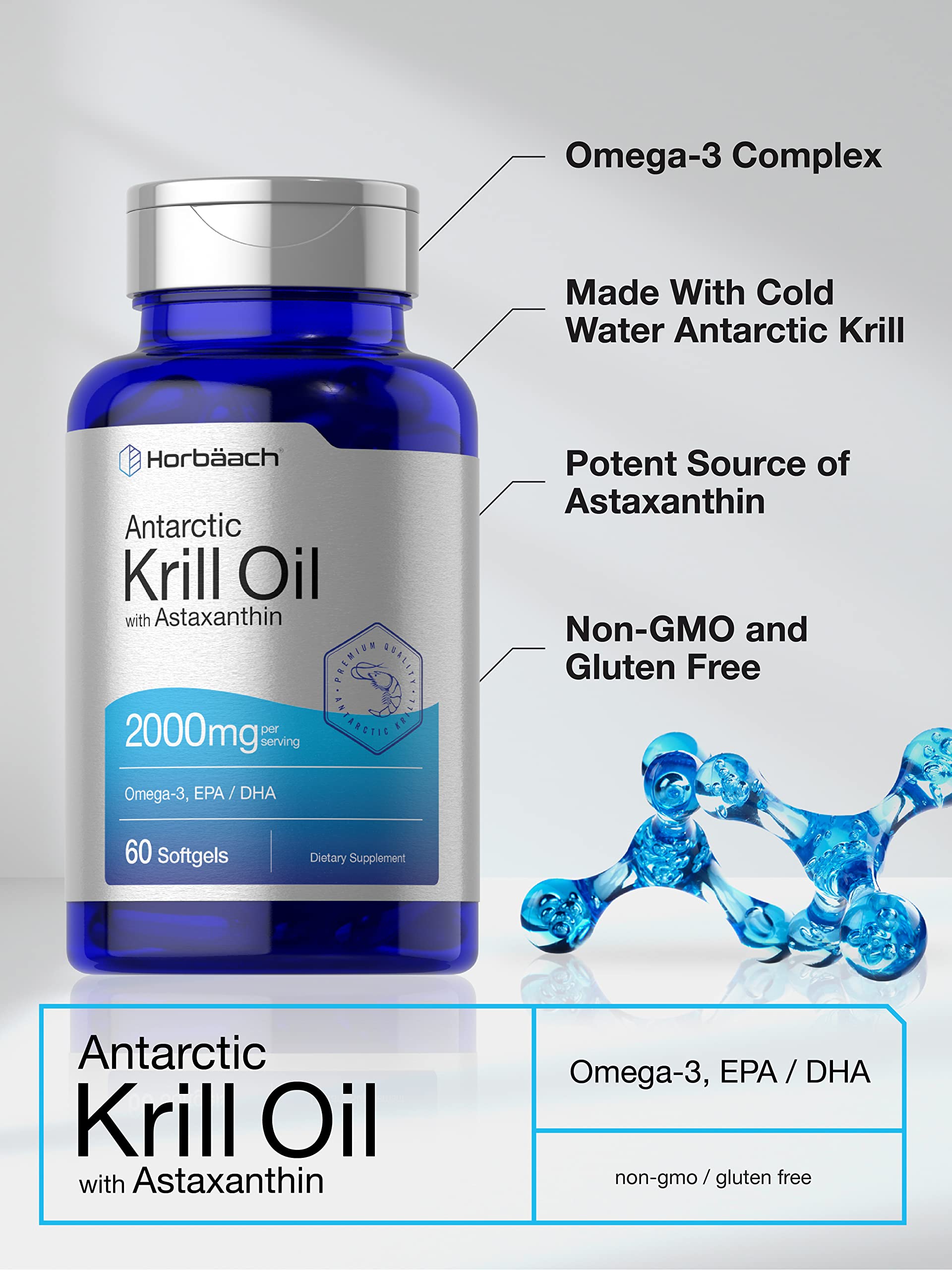 Horbäach Antarctic Krill Oil 2000mg | 60 Softgel Capsules | Omega-3, EPA, DHA Supplemen