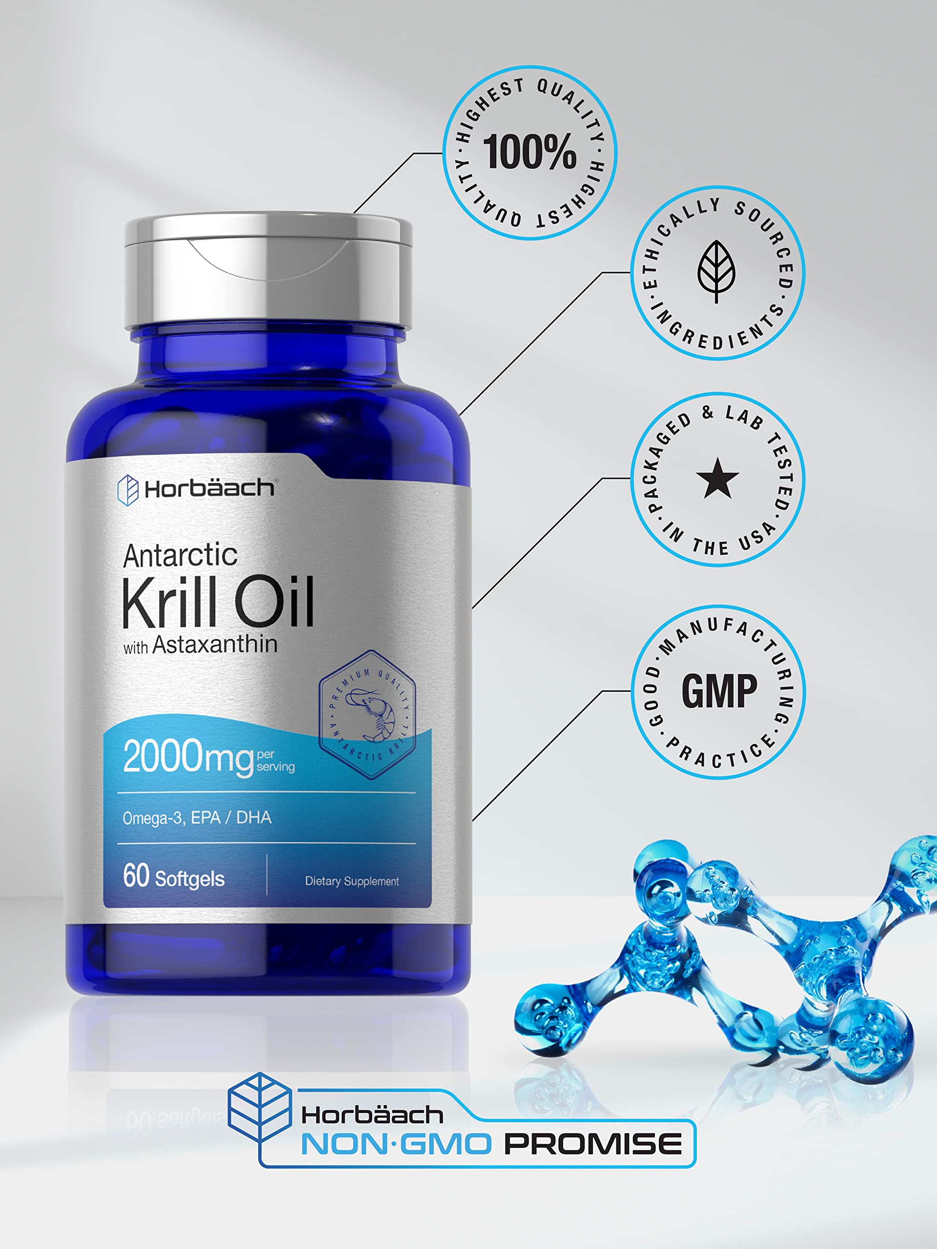 Horbäach Antarctic Krill Oil 2000mg | 60 Softgel Capsules | Omega-3, EPA, DHA Supplemen