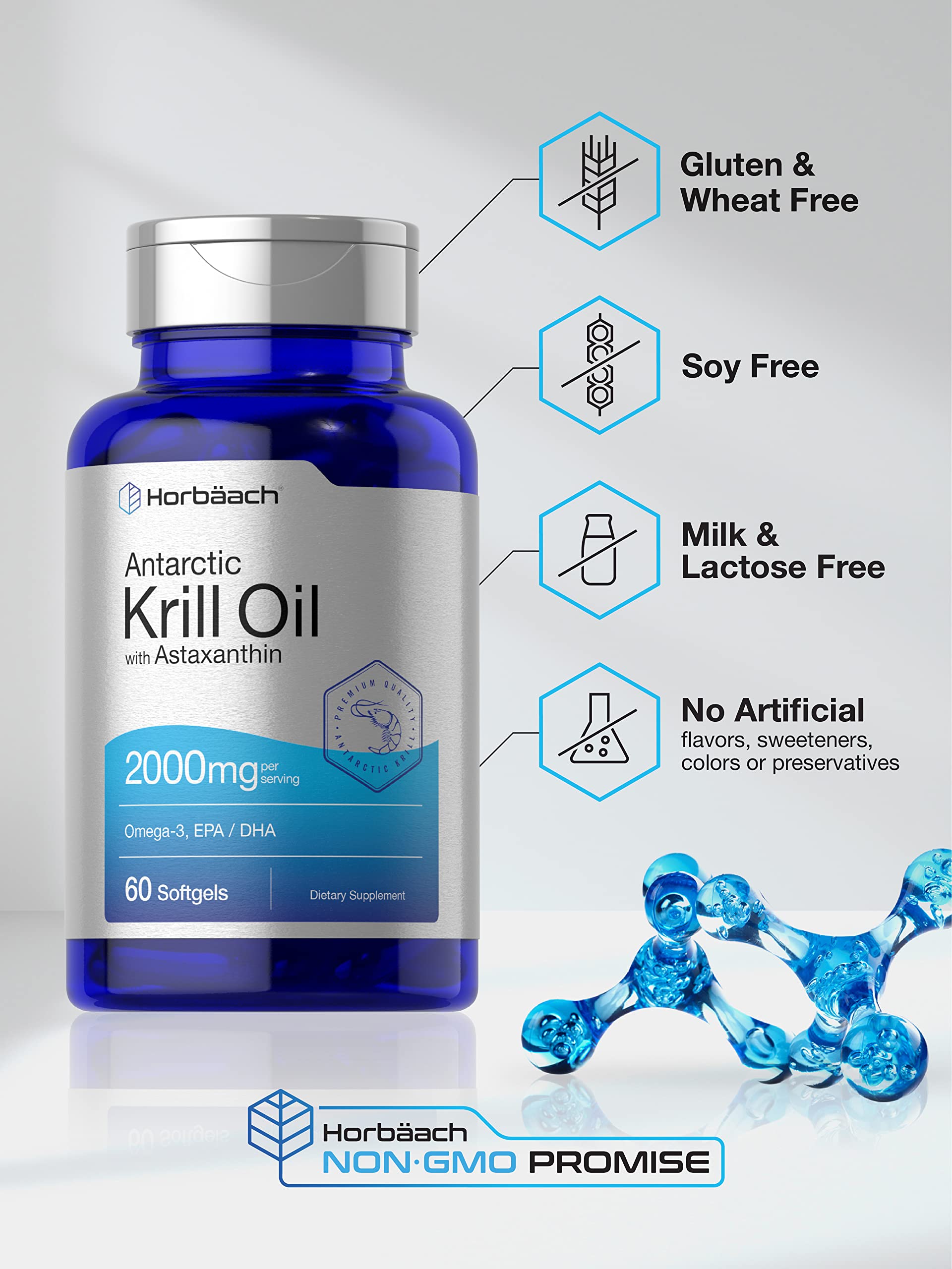 Horbäach Antarctic Krill Oil 2000mg | 60 Softgel Capsules | Omega-3, EPA, DHA Supplemen
