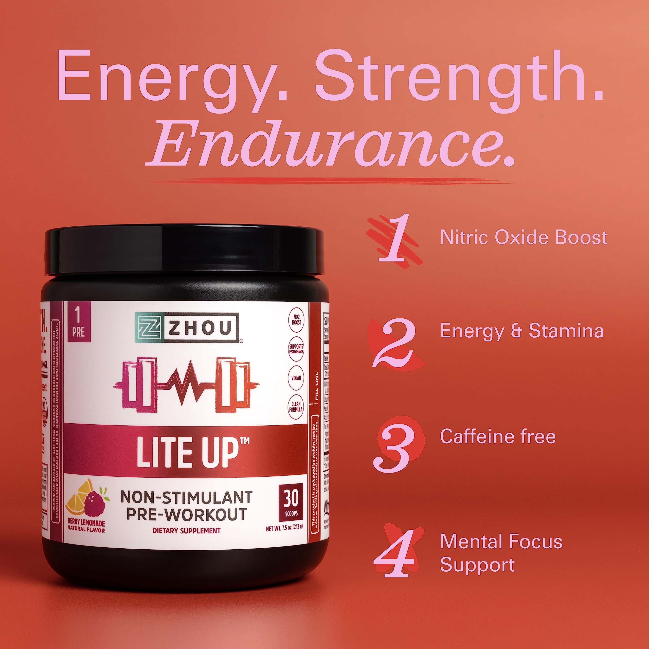 Zhou Nutrition Lite Up, Non-Stimulant Pre Workout Powder, Caffeine Free Nitric Oxide Zhou Nutrition