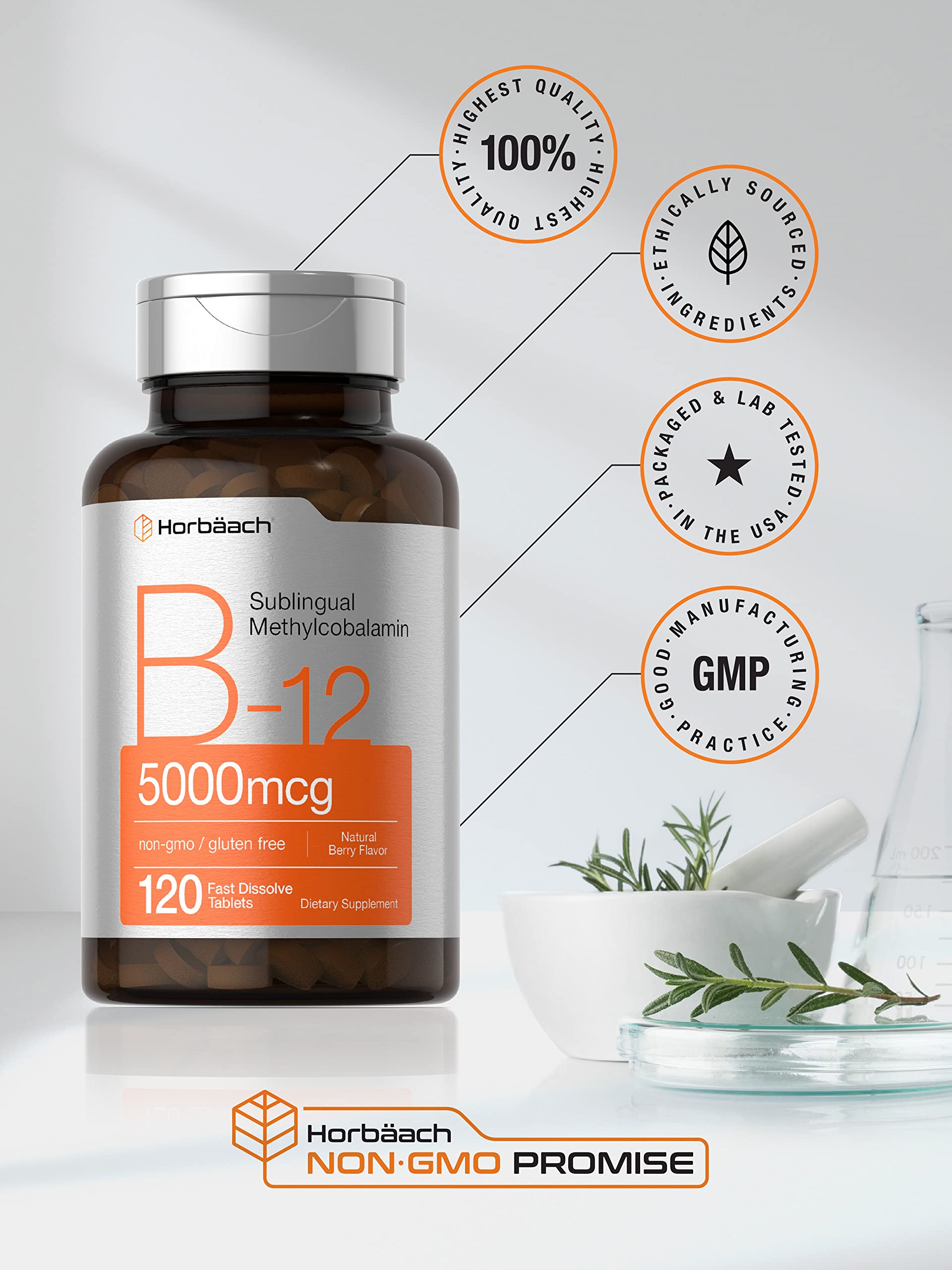 Horbäach B12 Sublingual Methylcobalamin | 5000mcg | 120 Fast Dissolve Tablets