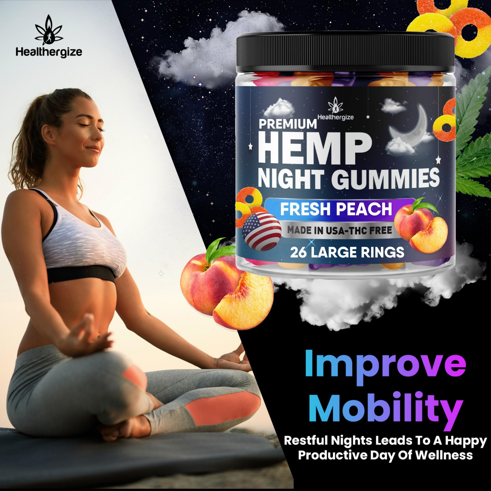 Healthergize Hemp Gummies Night-Time, High Potency Nap Gummies, Peace and Relaxation