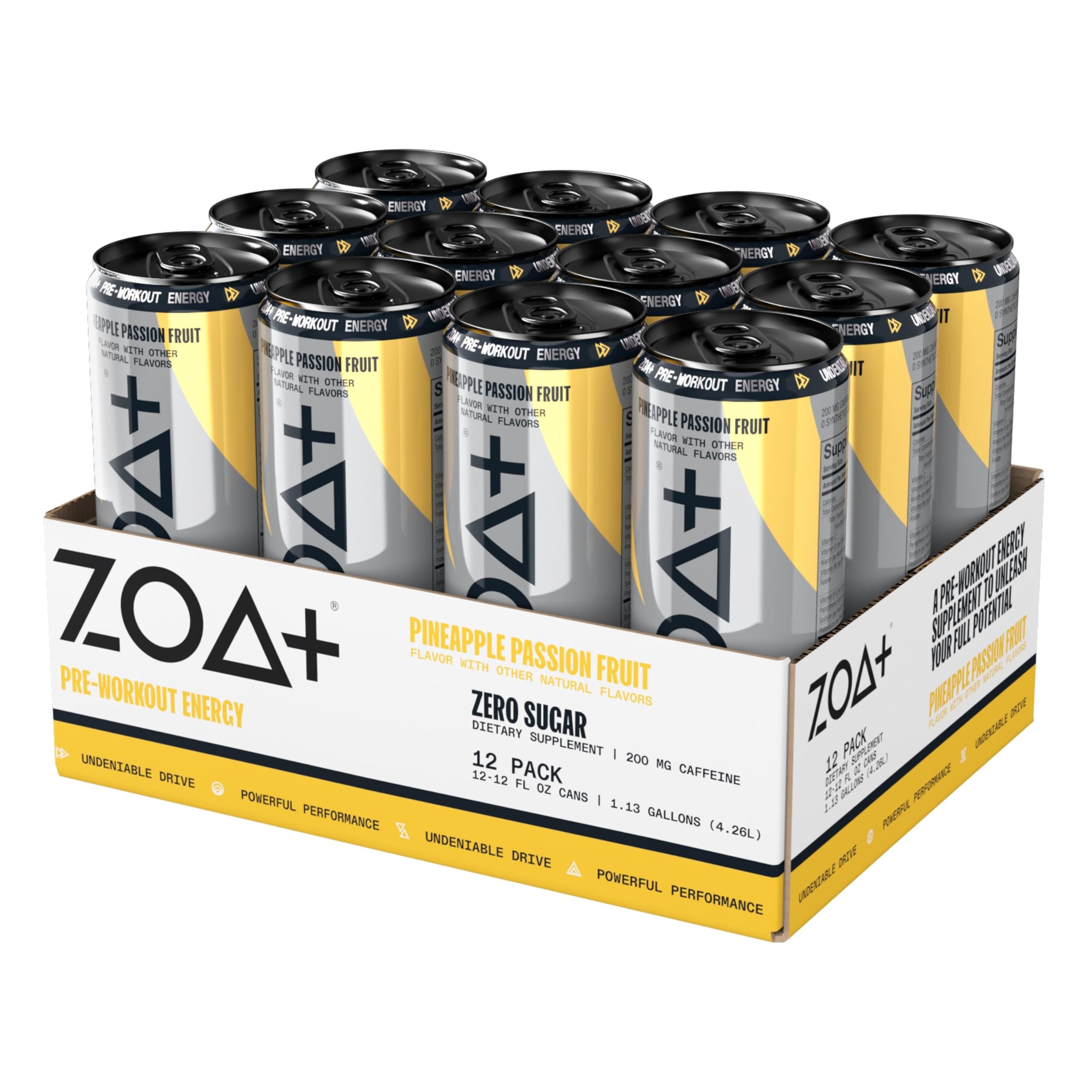 ZOA+ Pre-Workout Sugar-Free Energy Drink, Pineapple Passionfruit - Zero Sugar ZOA