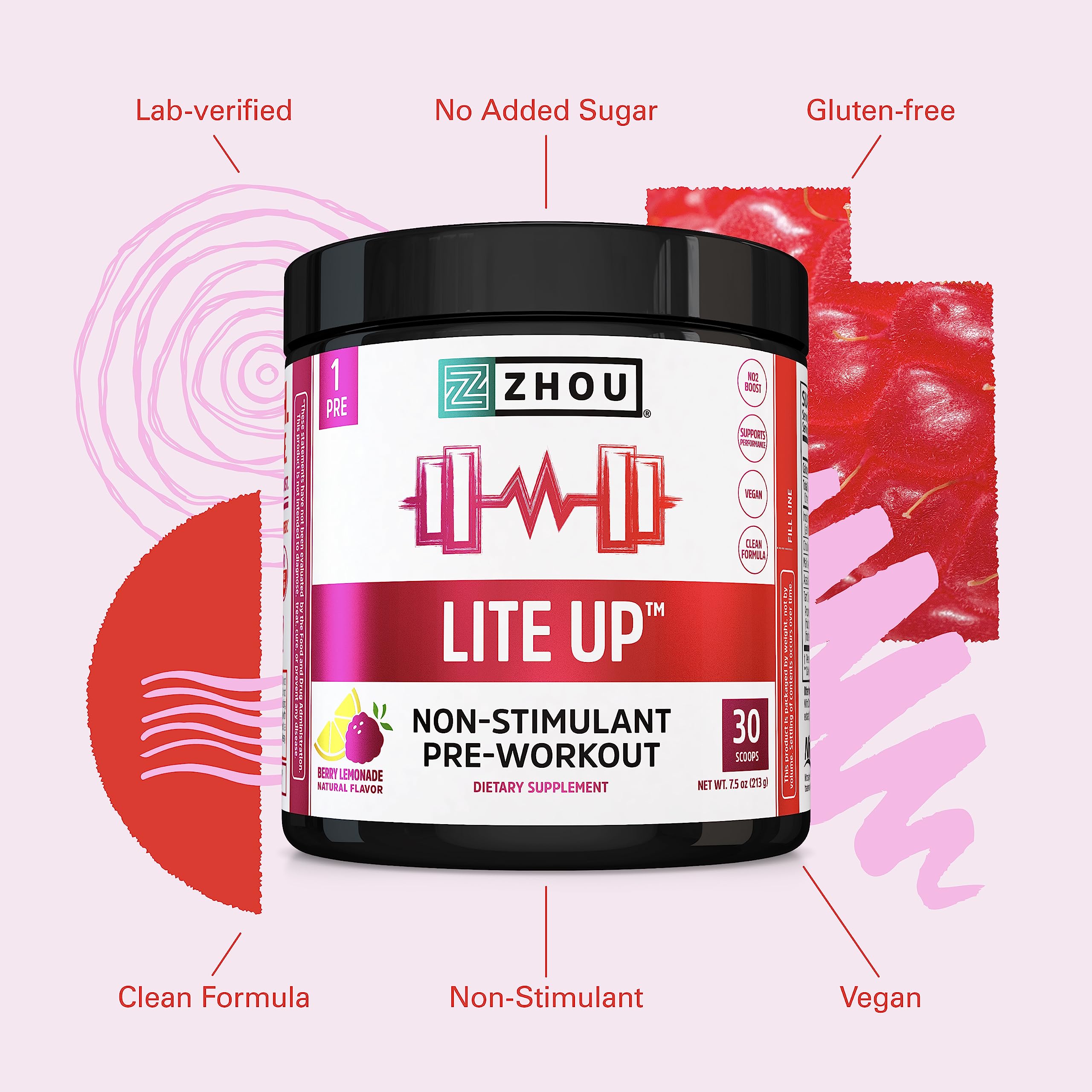 Zhou Nutrition Lite Up, Non-Stimulant Pre Workout Powder, Caffeine Free Nitric Oxide Zhou Nutrition