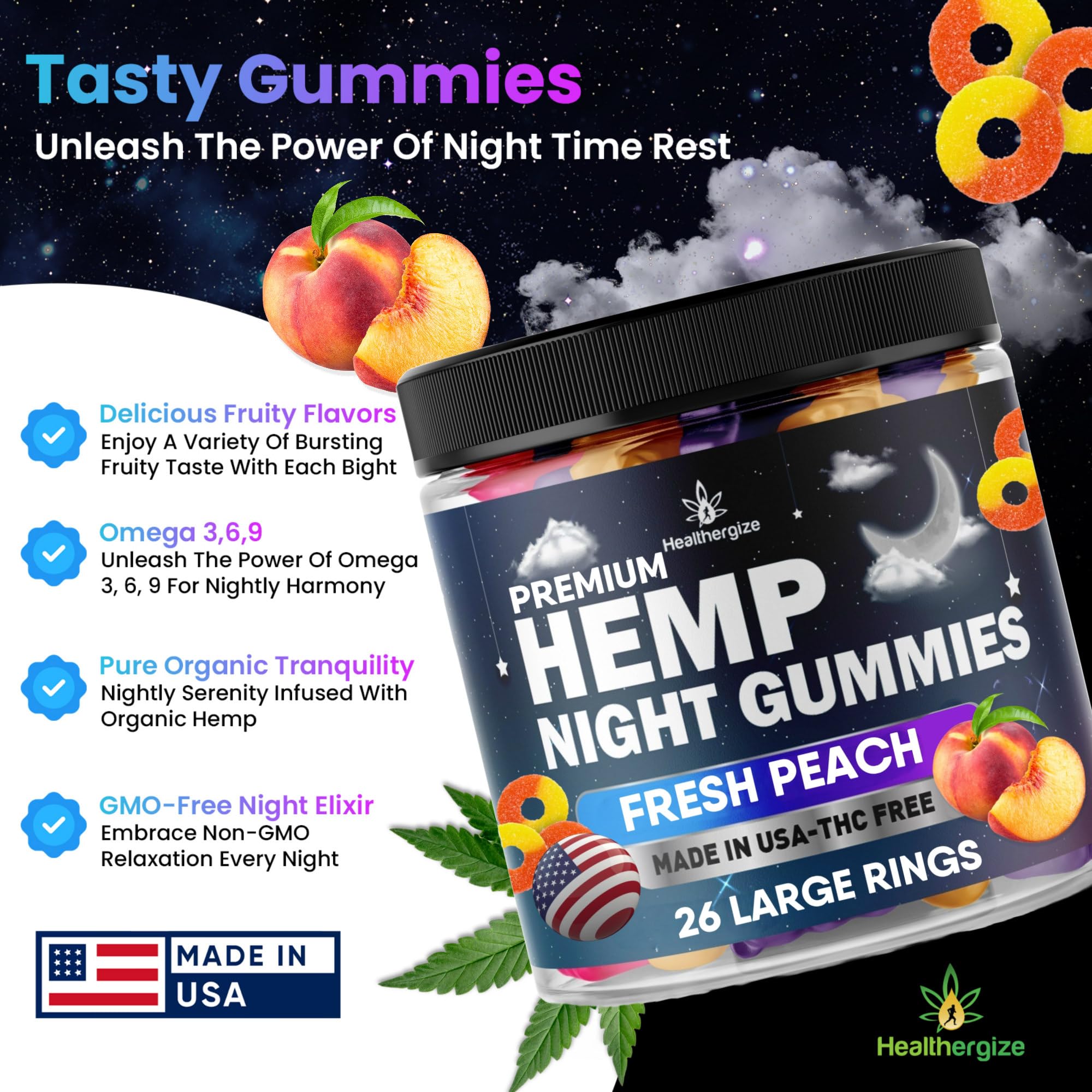 Healthergize Hemp Gummies Night-Time, High Potency Nap Gummies, Peace and Relaxation