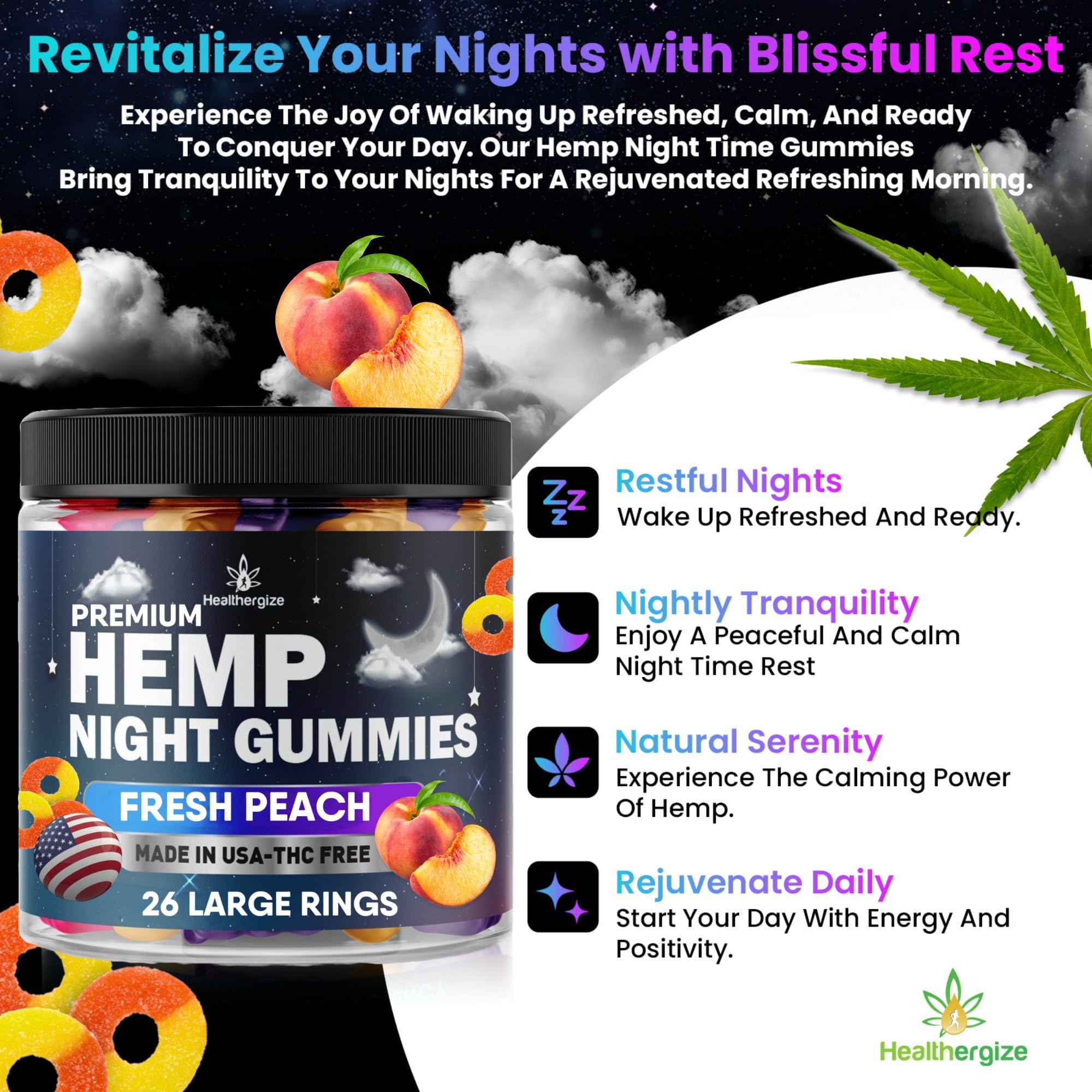 Healthergize Hemp Gummies Night-Time, High Potency Nap Gummies, Peace and Relaxation