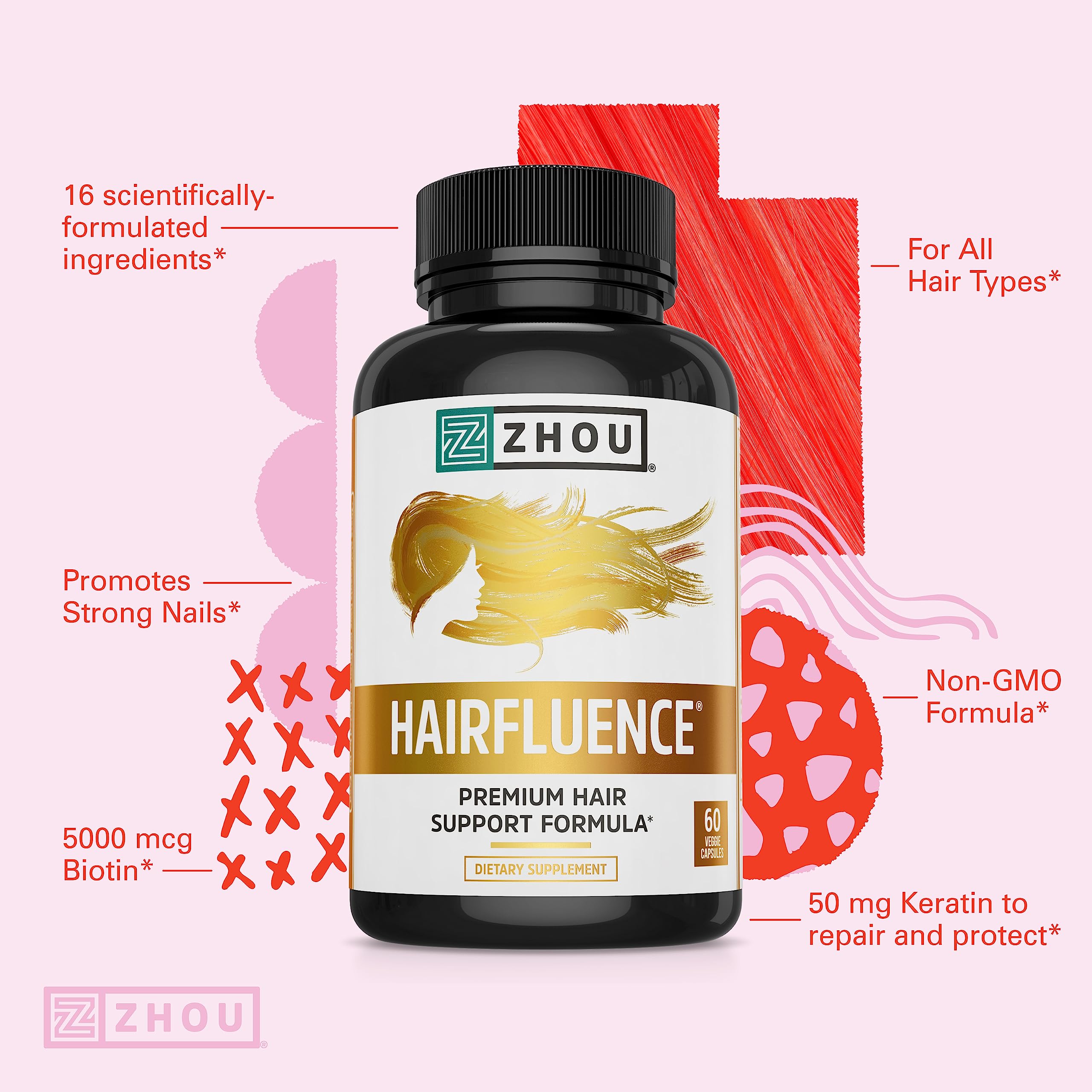 Zhou Hairfluence, Hair Growth Supplement with Biotin 5000mcg, Collagen, Keratin, Zhou Nutrition