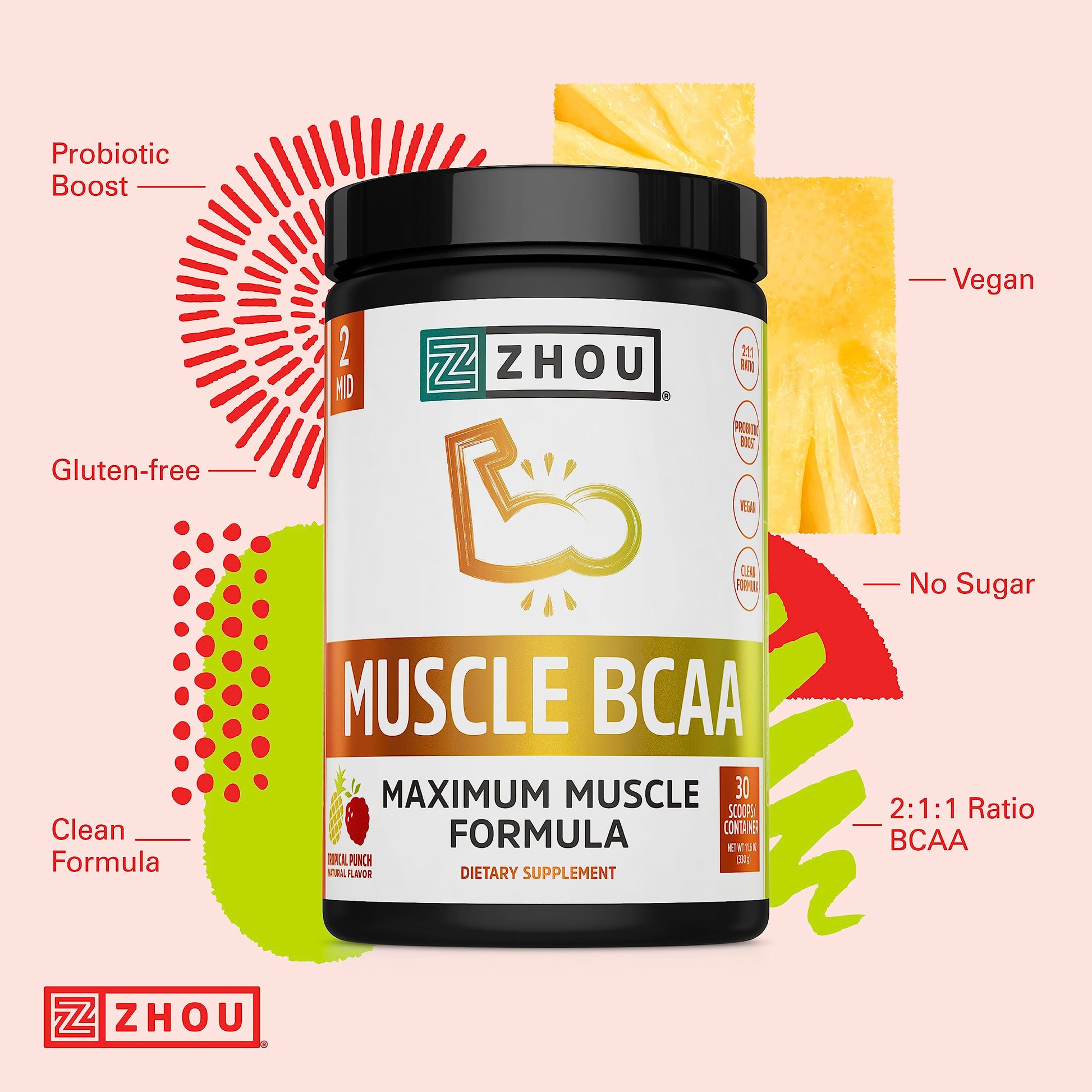 Zhou Nutrition Muscle BCAA Powder, Vegan Muscle Recovery, Natural, Clean Formula Zhou Nutrition