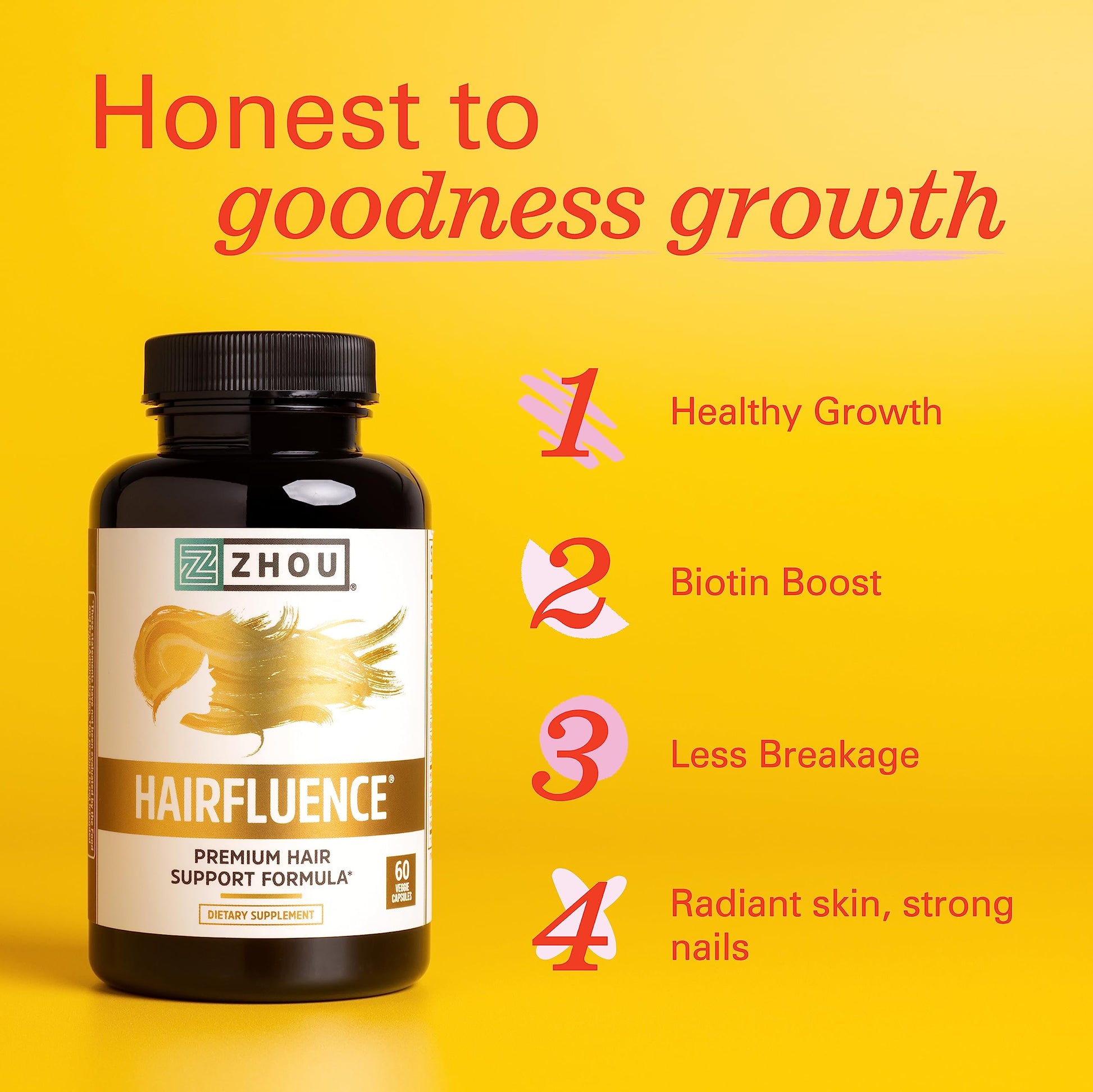 Zhou Hairfluence, Hair Growth Supplement with Biotin 5000mcg, Collagen, Keratin, Zhou Nutrition