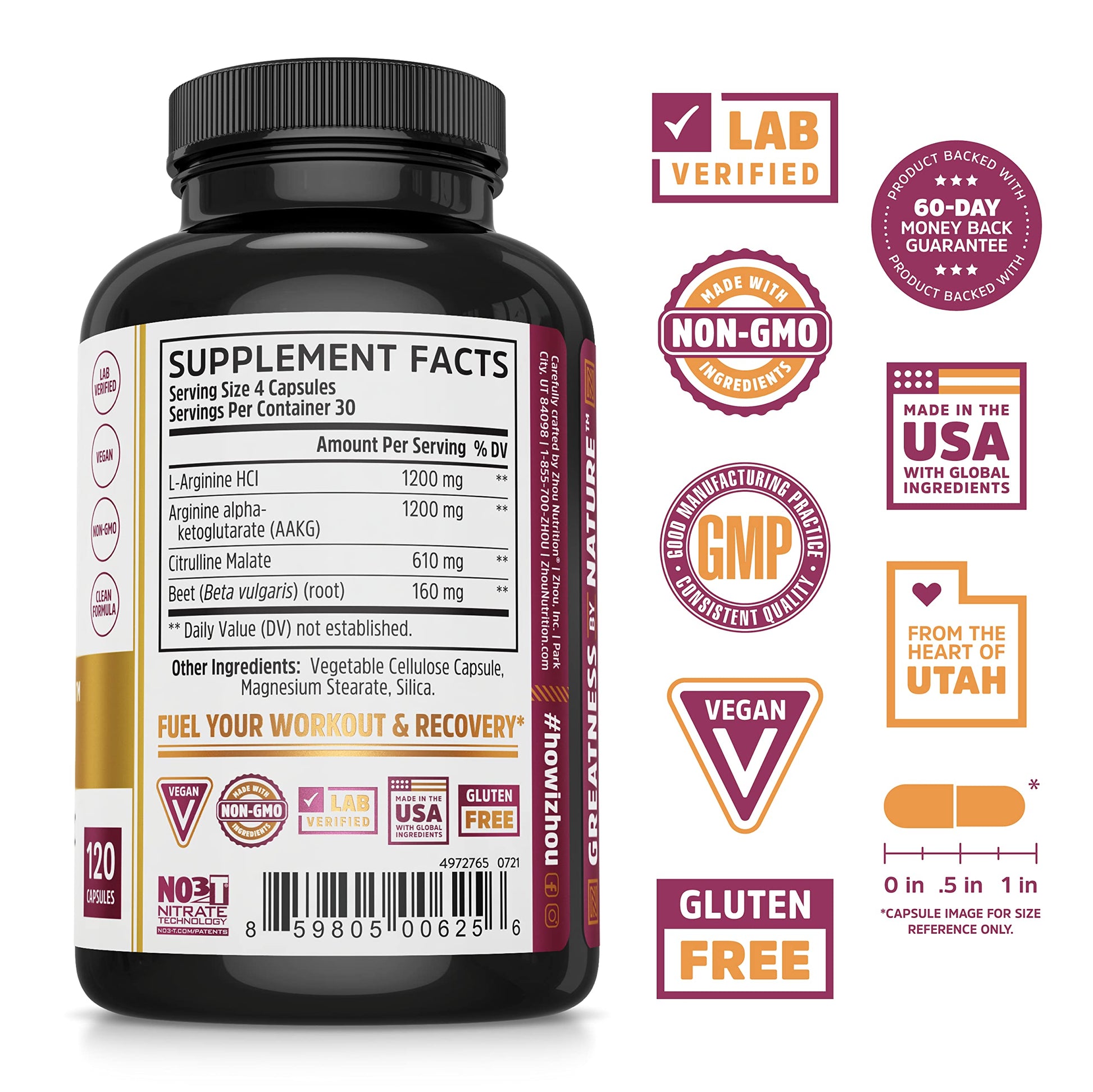 Zhou Nitric Oxide with L Arginine, Citrulline Malate, AAKG and Beet Root | Powerful N.O. Zhou Nutrition