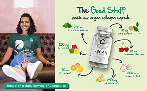 Vegan Collagen Supplement - 1400mg, Spirulina, L-Lysine, L-Proline, Acerola Cherries , Vitamin C & B12, Zinc, Hyaluronic Acid, UK Made D Direct Vitality