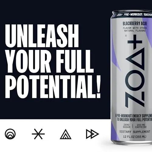 ZOA+ Pre-Workout Sugar Free Energy Drink, Orange Grapefruit - NSF Certified for Sport with Nitric Oxide Support, B & D Vitamins, Amino Acids, and Electrolytes - 12 Fl Oz (Pack of 48))
