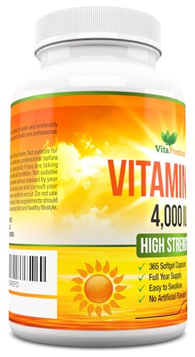 Vitamin D 4,000 IU Softgels, Maximum Strength Vitamin D3 Supplement, 365 Easy to Swallo Vita Premium