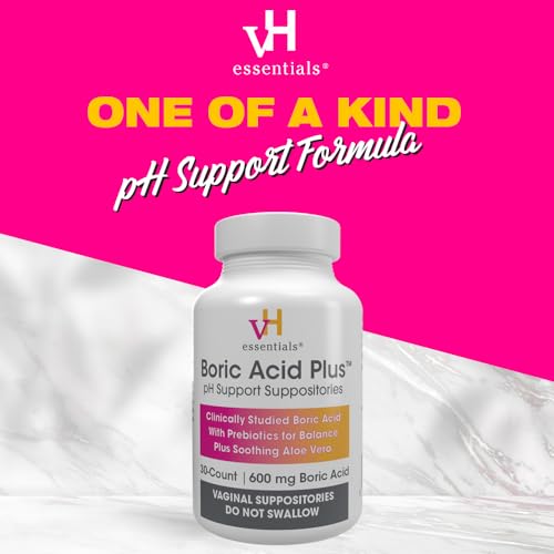 vH essentials Boric Acid Plus Vaginal Suppositories, Prebiotic Infused with Soothing Aloe Vera, pH vH essentials