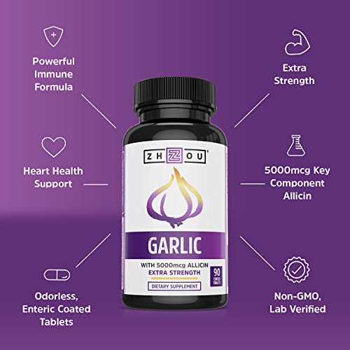 Zhou Nutrition Garlic Supplement With Allicin, Extra Strength 5000mcg Allicin Per Serving Zhou Nutrition
