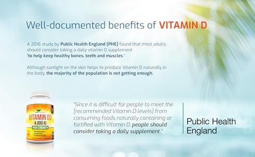 Vitamin D 4,000 IU Softgels, Maximum Strength Vitamin D3 Supplement, 365 Easy to Swallo Vita Premium
