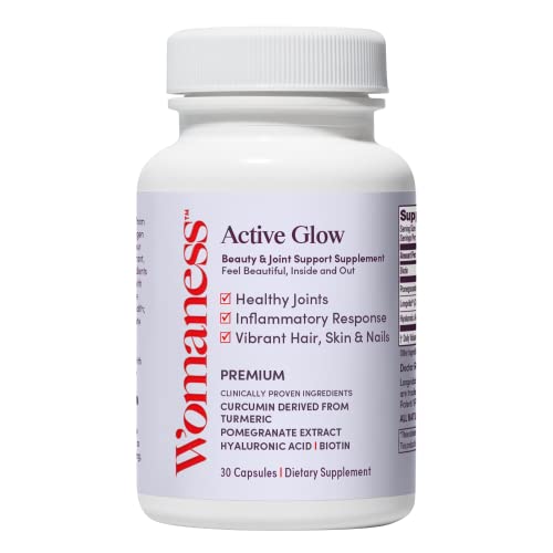 Womaness Active Glow Hair Skin and Nails Vitamins - Biotin, Longvida Curcumin & Hyaluronic Acid