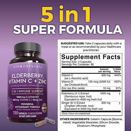 Viva Naturals Sambucus Elderberry with Vitamin C and Zinc for Adults - 5 in 1 Sambucus Viva Naturals