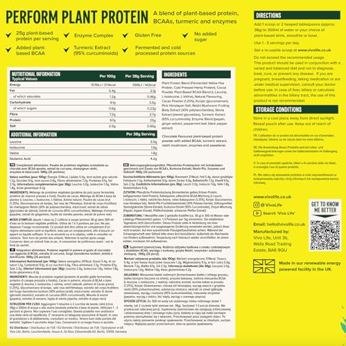 Vivo Life Perform Raw Cacao Flavour Vegan Protein Powder - BCAA Pea & Hemp Blend Vivo life