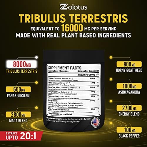 13in1 Tribulus Terrestris Capsules - 16000mg Per Serving with Maca, Horny Goat Weed Zolotus