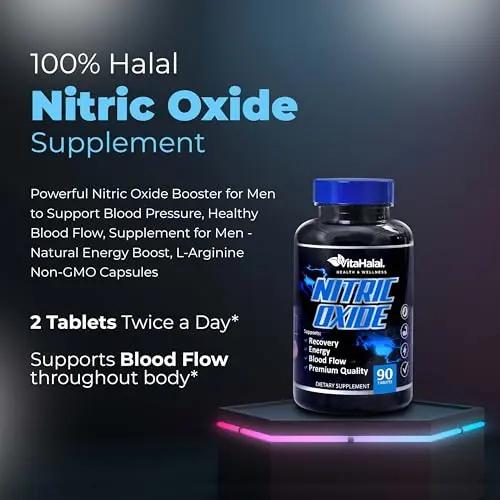 VitaHalal Nitric Oxide Supplement - Powerful Nitric Oxide Booster for Men to Support Blood Pressure, Healthy Blood Flow, Supplement for Men - Natural Energy Boost, L-Arginine Non-GMO Capsules