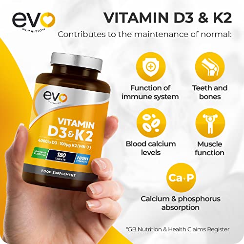 Vitamin D3 4000iu & Vitamin K2 100ug (MK7) |180 Vegetarian Tablets | 1-A-Day | 6 Month EVO NUTRITION