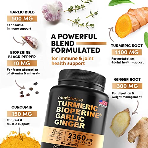 4-in-1 Turmeric and Garlic Supplements with Bioperine 2360 mg (240 ct) Turmeric Ginger MEDCHOICE