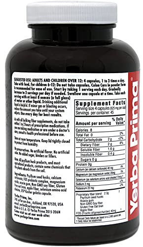 Yerba Prima Prebiotics Colon Care Fiber Caps, 180 Capsules - Five Forms of Fiber Plus FOS