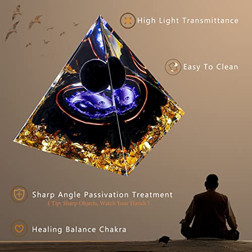 Yin Yang Healing Crystal Orgonite Pyramid - Tai Chi with Obsidian Ball - Taiji Reiki Chakra Meditation FENGSHUI-CAISHEN