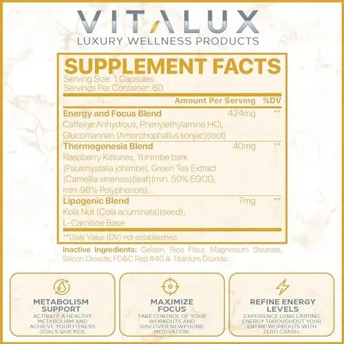 VITALUX || Premium Thermogenic Energy Burn || Metabolism Support, Boost Energy Levels, Increase Focus | Ultra Dosed Pre Workout w/ 8 Powerful Ingredients | 3rd Party Tested + USA Made - 120 Servings
