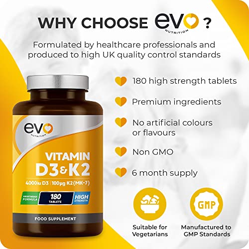 Vitamin D3 4000iu & Vitamin K2 100ug (MK7) |180 Vegetarian Tablets | 1-A-Day | 6 Month EVO NUTRITION