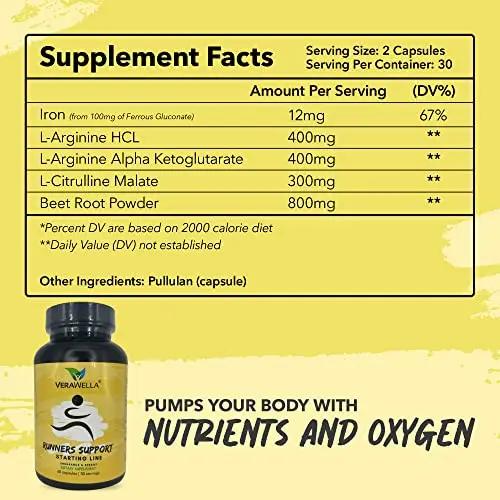 VeraWella - Runners Support Starting Line, Nitric Oxide Booster with L-Arginine, L Citrulline Malate, & Beet Root Powder, Supports Optimal Blood Flow, Endurance and Stamina, 60 Capsules