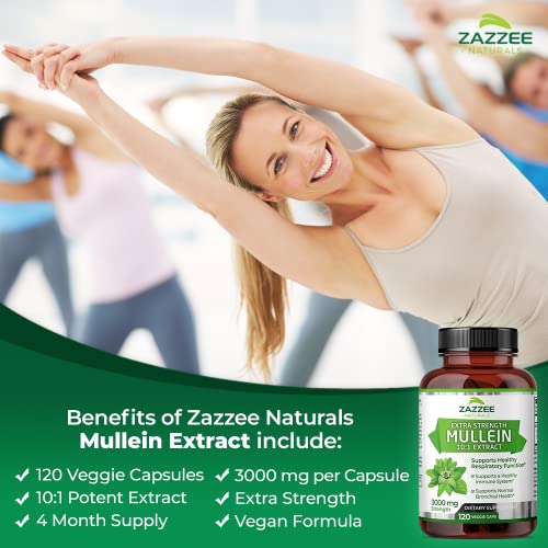 Zazzee Extra Strength Mullein 10:1 Extract, 3000 mg Strength, 120 Vegan Capsules Zazzee