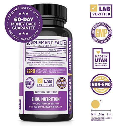 Zhou Nutrition Garlic Supplement With Allicin, Extra Strength 5000mcg Allicin Per Serving Zhou Nutrition