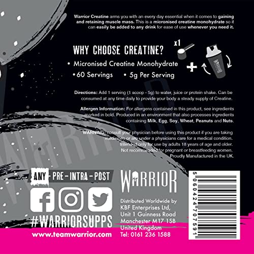Warrior Creatine Monohydrate Powder – 300g – Micronised for Easy Mixing and Consumpti Warrior