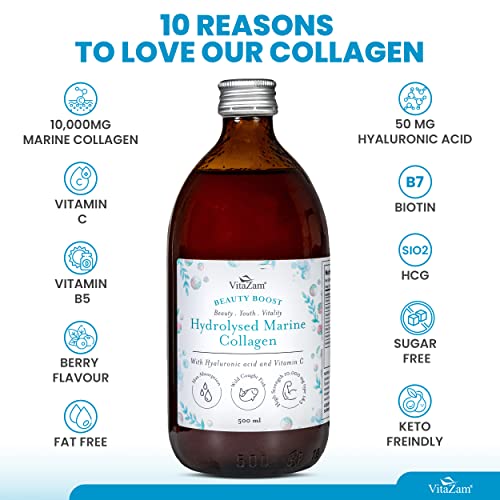 VitaZam Marine Collagen Liquid 10000mg with Hyaluronic Acid, Hydrolysed Peptide, Biotin for Hair, Skin, Nails, Joint, and Muscles, 500 ml VitaZam